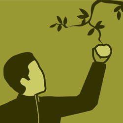Illustration av miljömålet Giftfri miljö. En person sträcker sig efter ett äpple i ett träd.