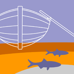 Illustration av miljömålet Hav i balans samt levande kust och skärgård. En eka i vattnet, under ekan simmar några fiskar.