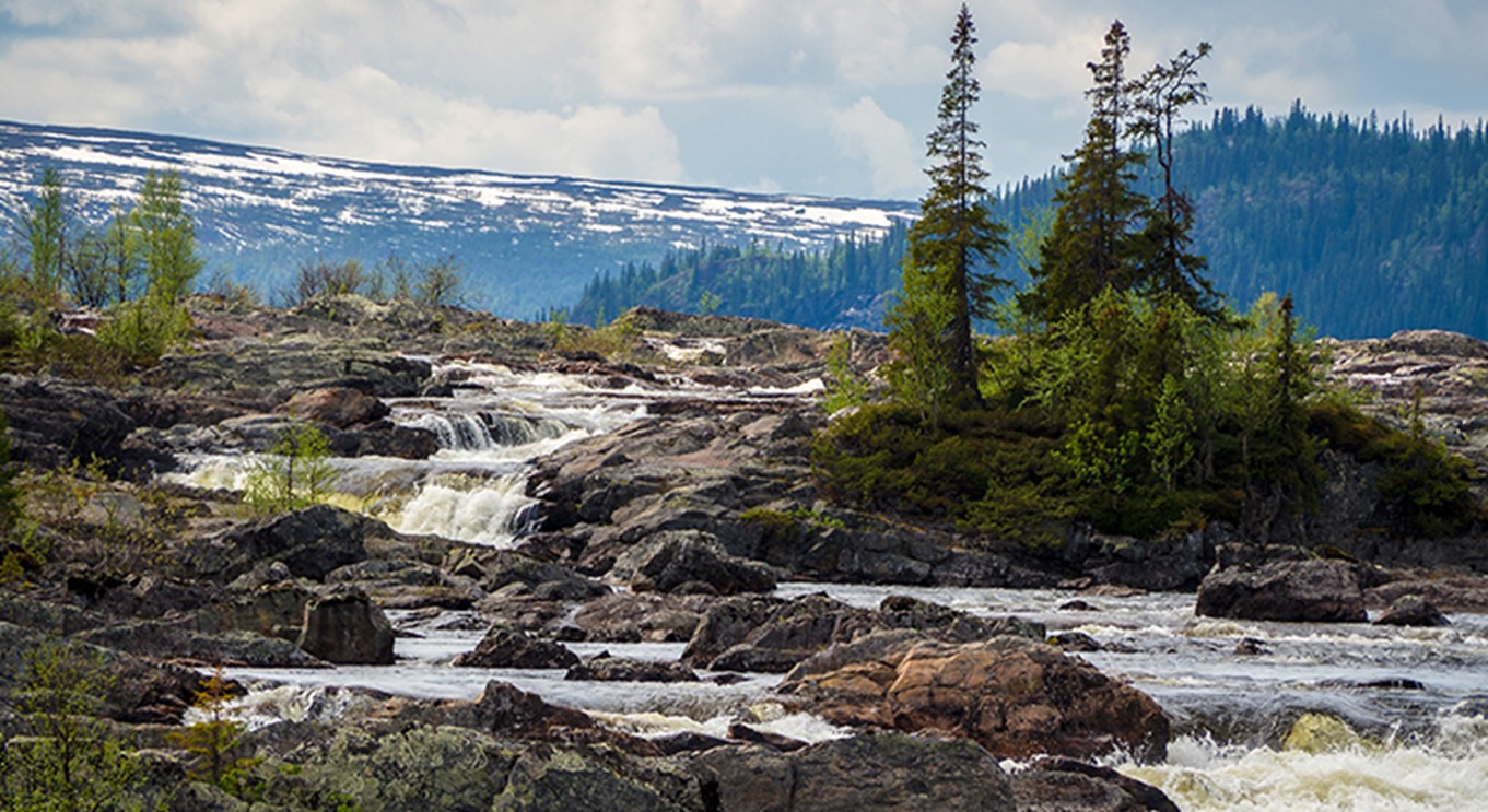 Bild som visar ett fjällandskap med en bäck som rinner igenom. Fjäll i bakgrunden.