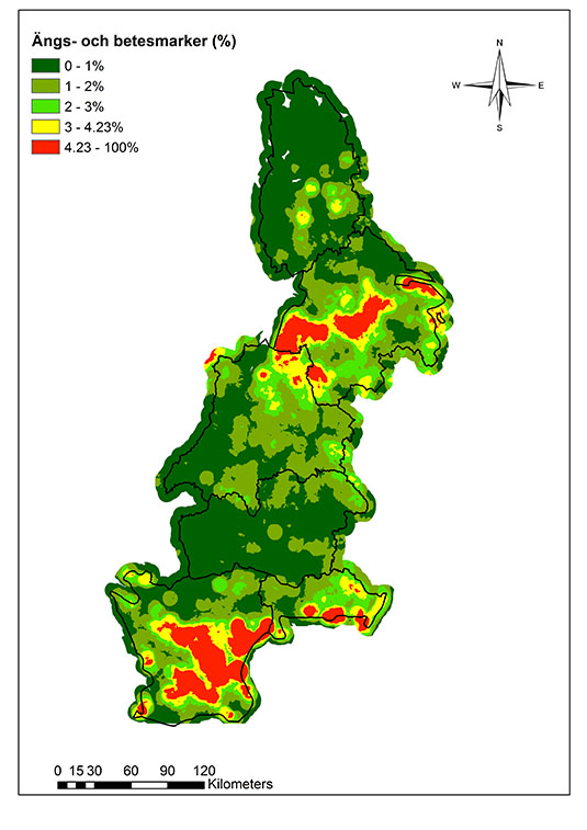 Kartan visar potentialen för sex län i södra Sverige att hysa gräsmarksspecialister bland dagfjärilar.