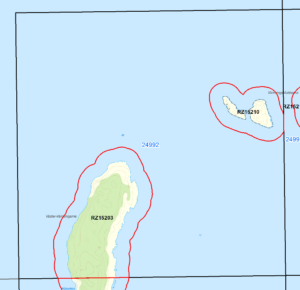 Exempel på inventeringsruta (2x2 km) inom GDP Häckande kustfåglar i Bottniska viken. De röda linjerna markerar räkningszoner, vilka är de områden som inventeras inom en ruta. En räkningszon inkluderar en eller flera öar samt 100 m omkringliggande vatten.