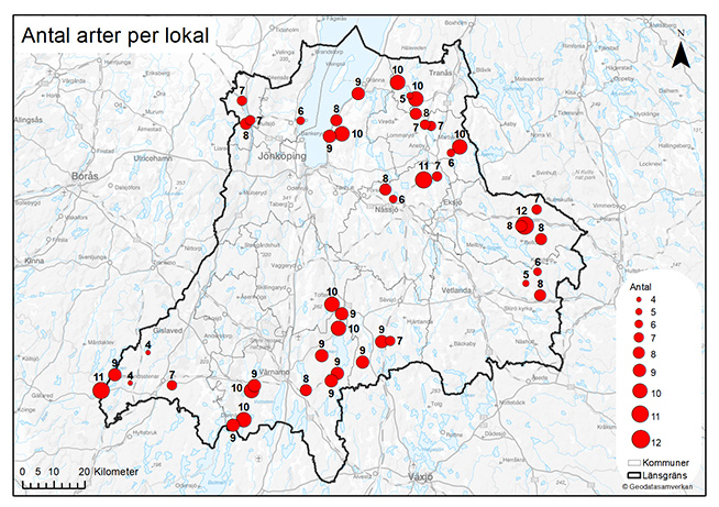 Kartan visar hur många arter som har påträffats på de 46 inventerade lokalerna i Jönköpings län under perioden 1999 – 2020. På lokalerna har det påträffats mellan 4 och 12 arter.
