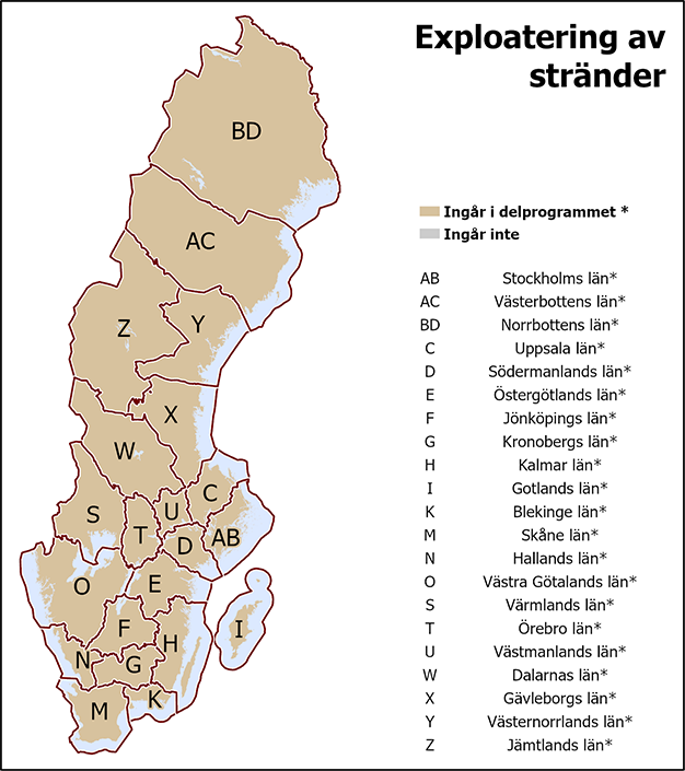 Samtliga län i Sverige ingår i delprogrammet Exploatering av stränder.