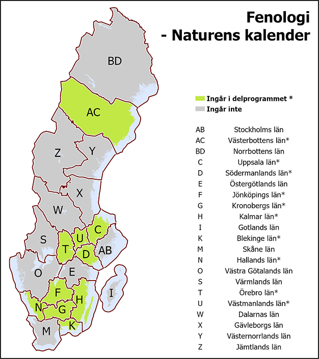I det gemensamma delprogrammet Fenologi - Naturens kalender ingår Blekinge, Hallands, Jönköpings, Kalmar, Kronobergs, Södermanlands, Uppsala, Västerbottens, Västmanlands och Örebro län.