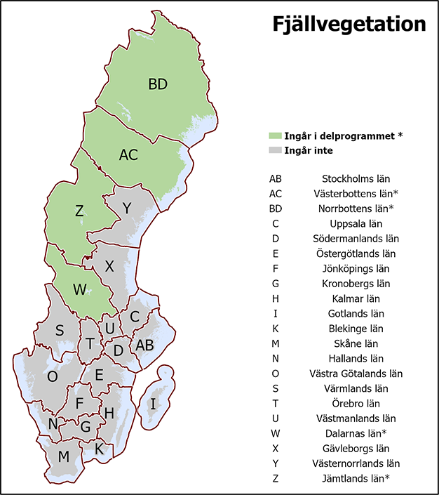 I det gemensamma delprogrammet Fjällvegetation ingår Dalarnas, Jämtlands, Norrbottens och Västerbottens län.