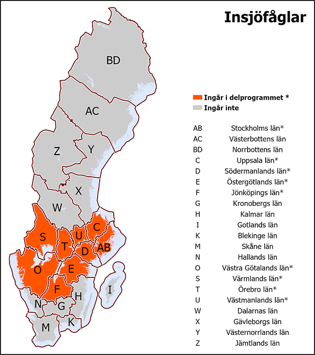 I det gemensamma delprogrammet Insjöfåglar ingår Jönköpings, Stockholms, Södermanlands, Uppsala, Värmlands, Västmanlands, Västra Götalands, Örebro och Östergötlands län.