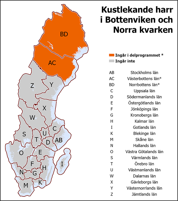 I det gemensamma delprogrammet Kustlekande harr i Bottenviken och Norra kvarken ingår Norrbottens och Västerbottens län.