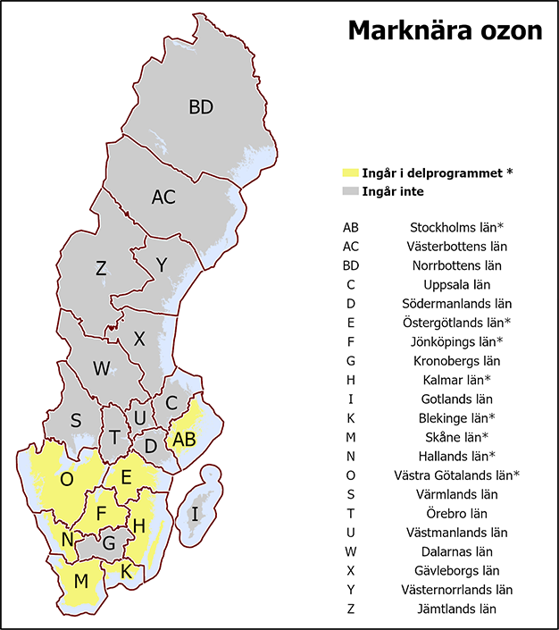 I det gemensamma delprogrammet Marknära ozon ingår Blekinge, Hallands, Jönköpings, Kalmar, Skåne, Stockholms, Västra Götalands och Östergötlands län.