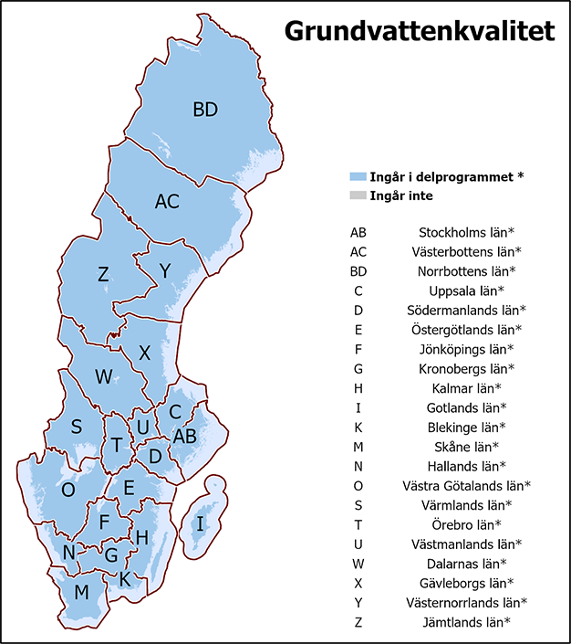 I det gemensamma delprogrammet Grundvattenkvalitet ingår alla län i Sverige.
