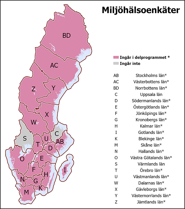 I det gemensamma delprogrammet Miljöhälsoenkäter ingår alla län utom Värmlands och Uppsala län.
