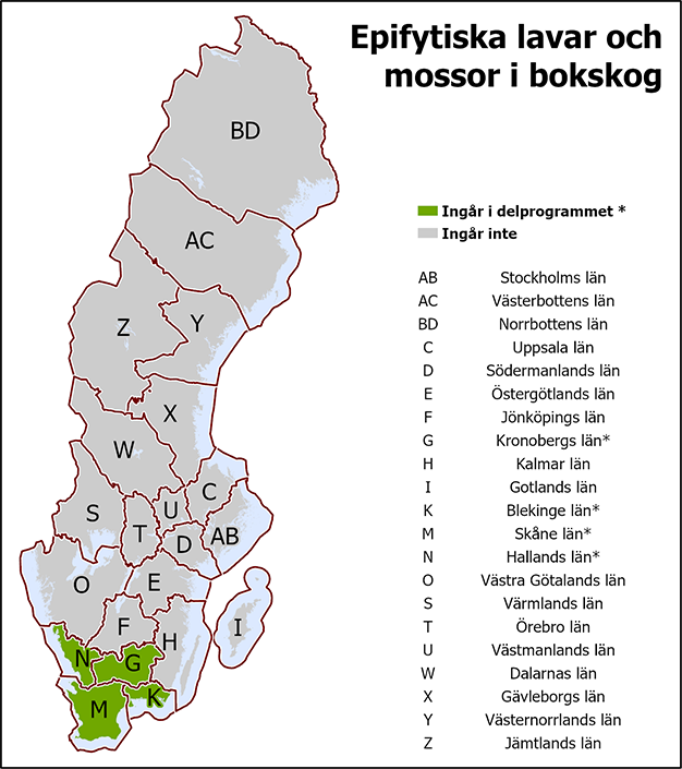 I det gemensamma delprogrammet Epifytiska lavar och mossor i bokskog ingår Blekinge, Hallands, Kronobergs och Skåne län.