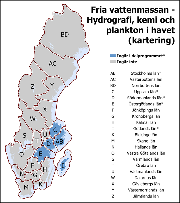 I det gemensamma delprogrammet Fria vattenmassan - Hydrografi, kemi och plankton i havet ingår Gotlands, Stockholms, Uppsala, Södermanlands och Östergötlands län.