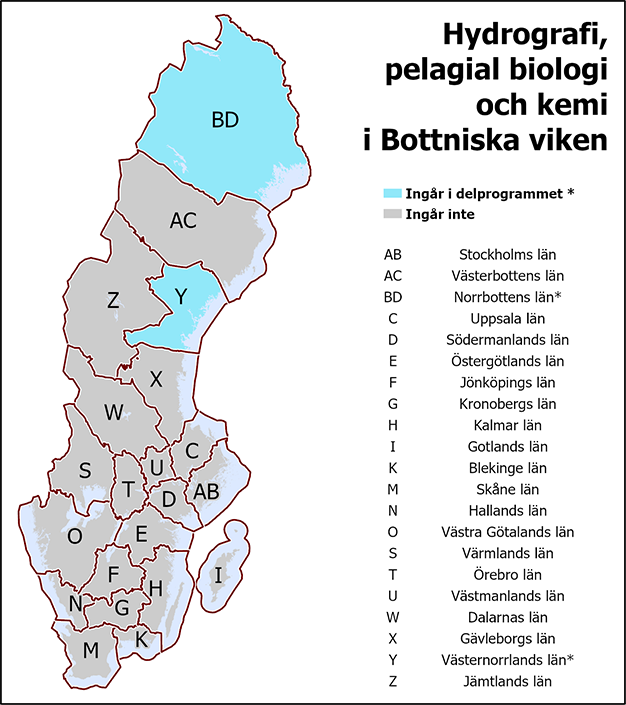 I det gemensamma delprogrammet Hydrografi, pelagial biologi och kemi i Bottniska viken ingår Norrbottens och Västernorrlands län.