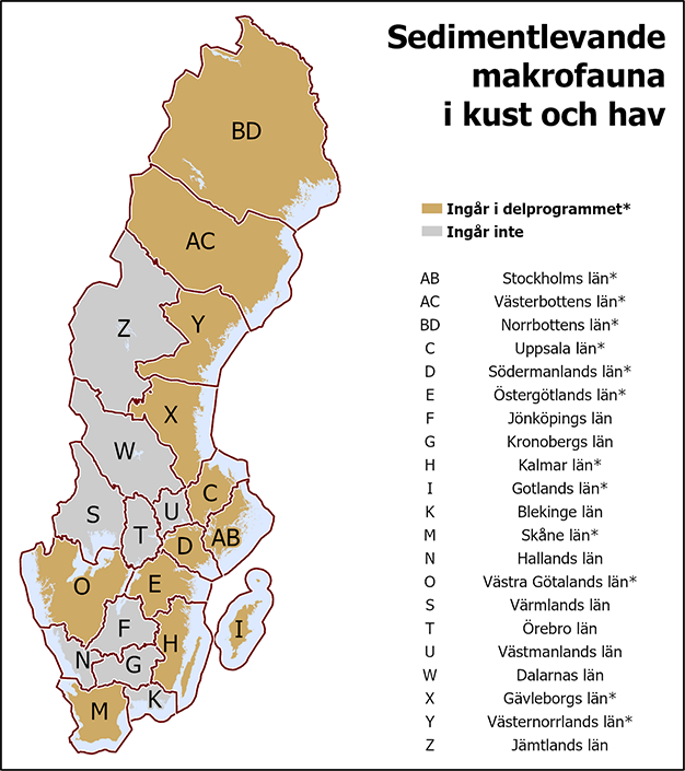I det gemensamma delprogrammet Sedimentlevande makrofauna i kust och hav ingår Gotlands, Gävleborgs, Kalmar, Norrbottens, Skåne, Stockholms, Södermanlands, Uppsala, Västerbottens, Västernorrlands, Västra Götalands och Östergötlands län.