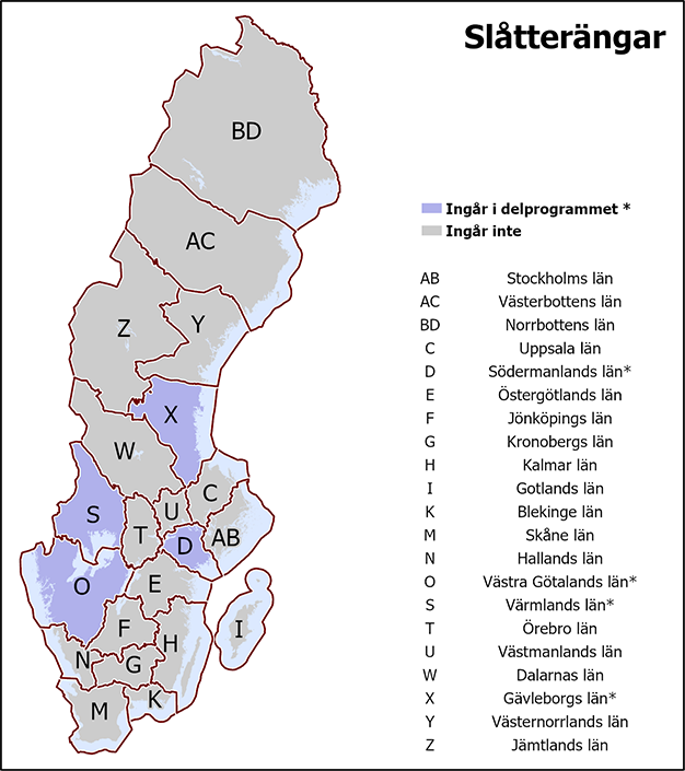 I det gemensamma delprogrammet Slåtterängar ingår Södermanlands, Västra Götalands, Värmlands och Gävleborgs län.