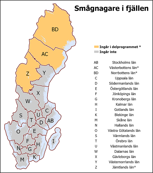 I det gemensamma delprogrammet Smågnagare i fjällen ingår Jämtlands, Norrbottens och Västerbottens län.