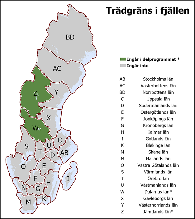 I det gemensamma delprogrammet Trädgräns i fjällen ingår Dalarnas och Jämtlands län.