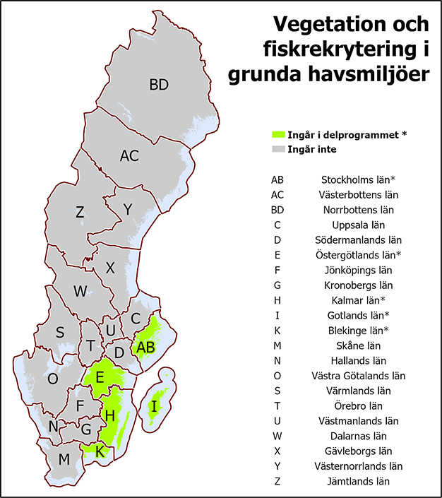 I det gemensamma delprogrammet Vegetation och fiskrekrytering i grunda havsmiljöer ingår Blekinge, Gotlands, Kalmar, Stockholms och Östergötlands län.
