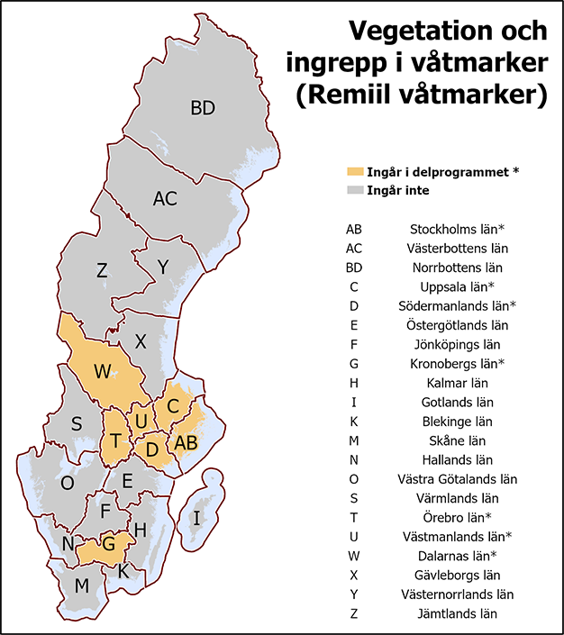 I det gemensamma delprogrammet Vegetation och ingrepp i våtmarker (Remiil våtmarker) ingår Dalarnas, Kronobergs, Stockholms, Södermanlands, Uppsala, Västmanlands och Örebro län.