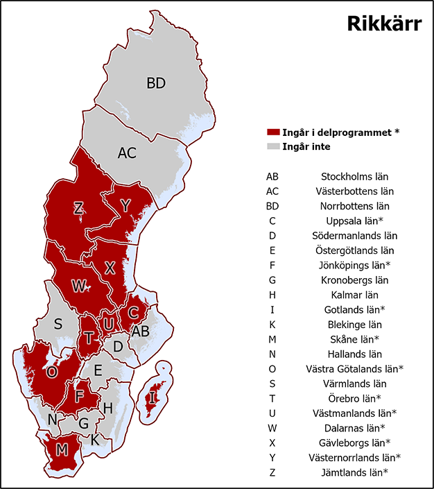 I det gemensamma delprogrammet Rikkärr ingår Dalarnas, Gotlands, Gävleborgs, Jämtlands, Jönköpings, Skåne, Uppsala, Västernorrlands, Västmanlands, Västra Götalands och Örebro län.