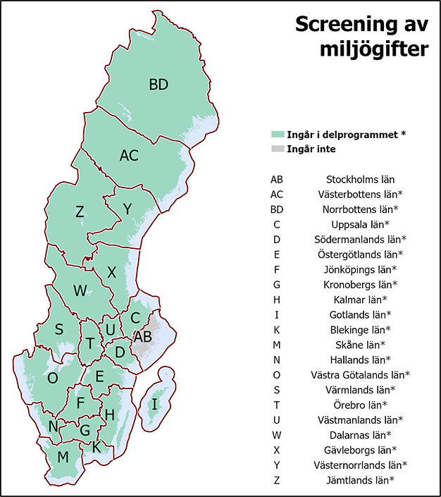 I det gemensamma delprogrammet Screening av miljögifter ingår alla län utom Stockholms län.