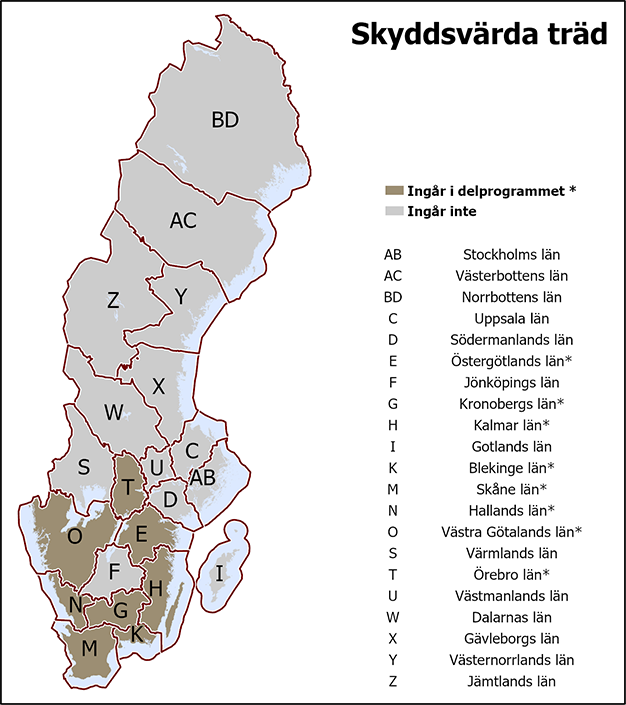I det gemensamma delprogrammet Skyddsvärda träd ingår Blekinge, Hallands, Kalmar, Kronobergs, Skåne, Västra Götalands, Örebro och Östergötlands län.