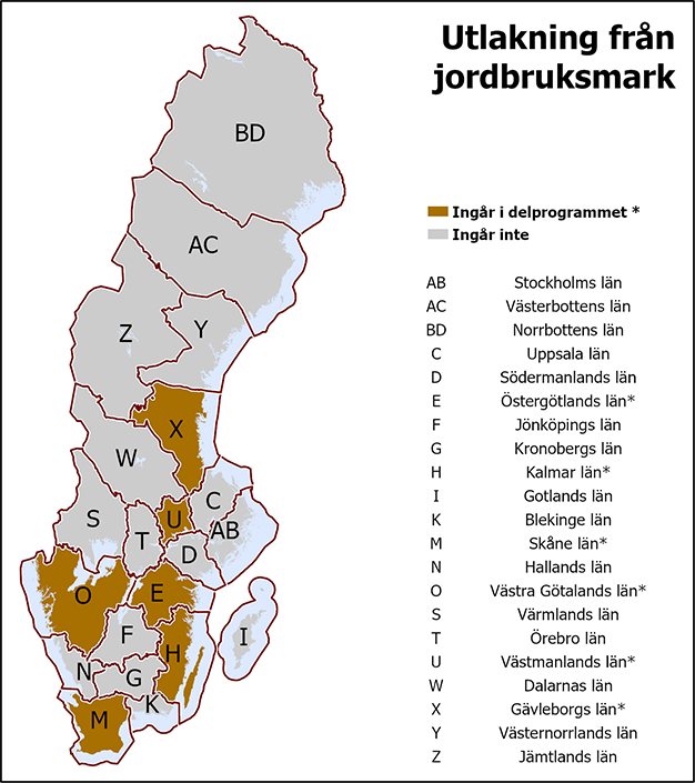 I det gemensamma delprogrammet Utlakning från jordbruksmark ingår Gävleborgs, Kalmar, Västmanlands, Västra Götalands, Östergötlands och Skåne län.