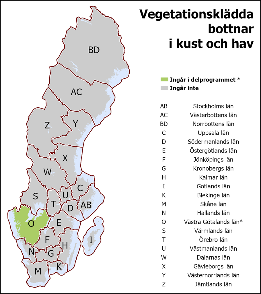I delprogrammet Vegetationsklädda bottnar i kust och hav ingår Västra Götalands län.